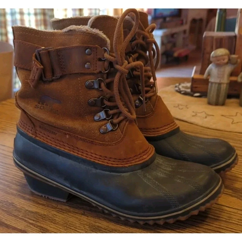 Sorel Women's Winter Fancy Lace II Boots Brown Leather Mid Calf Boots Size 9.5